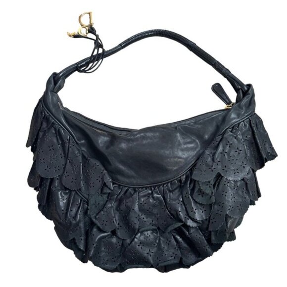 Christian Dior Vintage Gypsy Ruffled Hobo Black Leather Gold DIOR Bag Charm - Picture 11 of 15